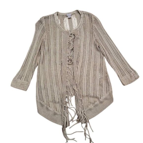Chico's Sweater Womens Medium Beige Knit Fringed 100% Rayon Drape Front Cardigan - Picture 2 of 8